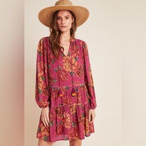 Anthropologie x Farm Rio Dress | Eyelet Tiered Tunic Dress Fliral Pink Tassels